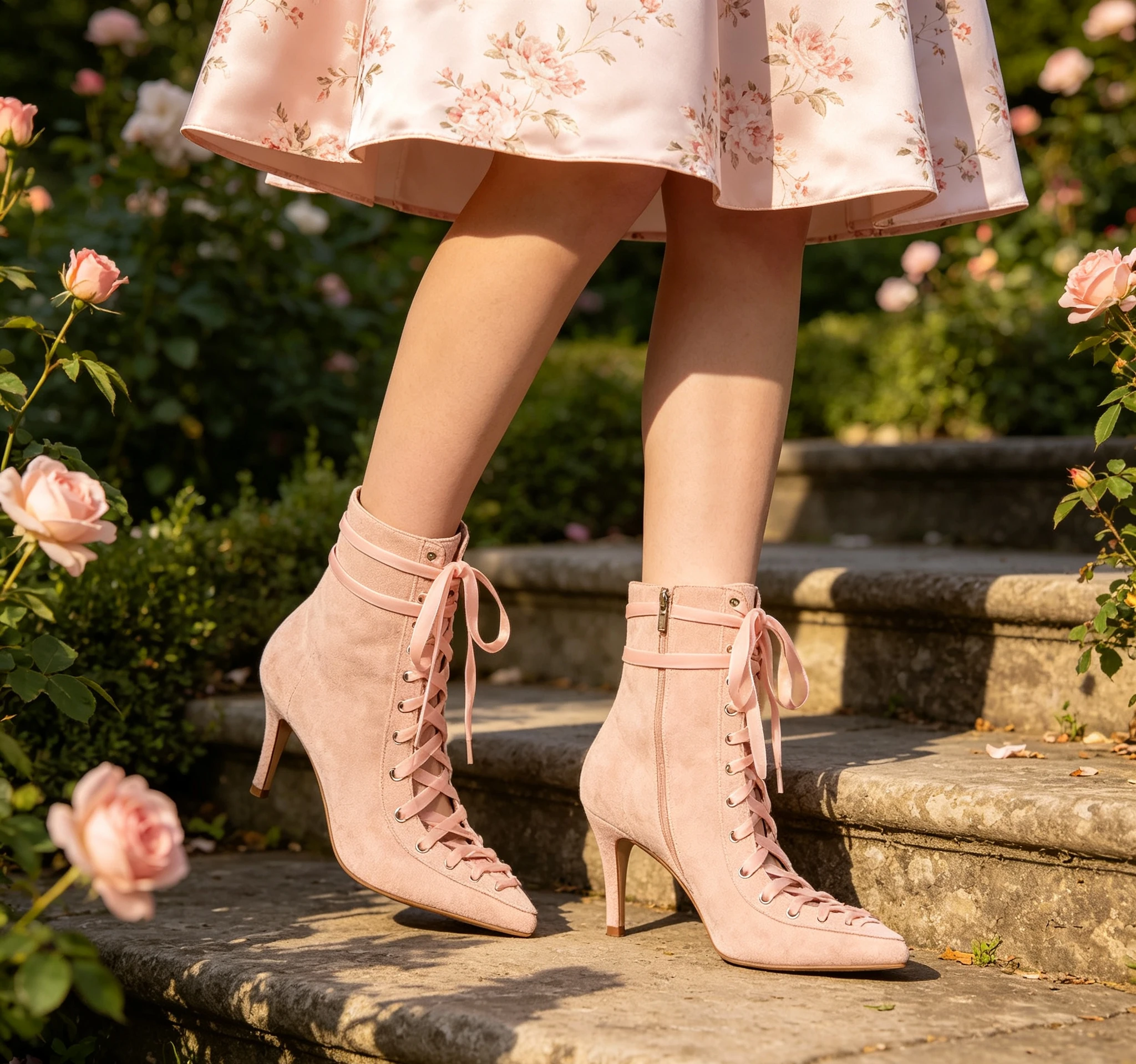 Autumn Winter Women Pink Suede Ankle Boots Stiletto Heel Pointed Toe Silk Ribbon Lace Up Wrap Around Fashion Sweet Short Boots