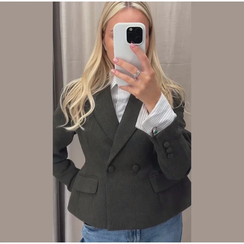 Damenmäntel mit Revers, tailliert, kurze Anzugjacke, Frühling Herbst, Büro-Damen, langärmelig, einfarbig, schmaler Schnitt, schicke neue Oberbekleidung – Detail 3