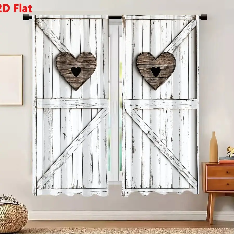 2Pcs Curtains Add 2D Flat Rustic White Wooden Barn Doors With Heart Plaques And Metal Latch Window Drapes for Bedroom Room Decor