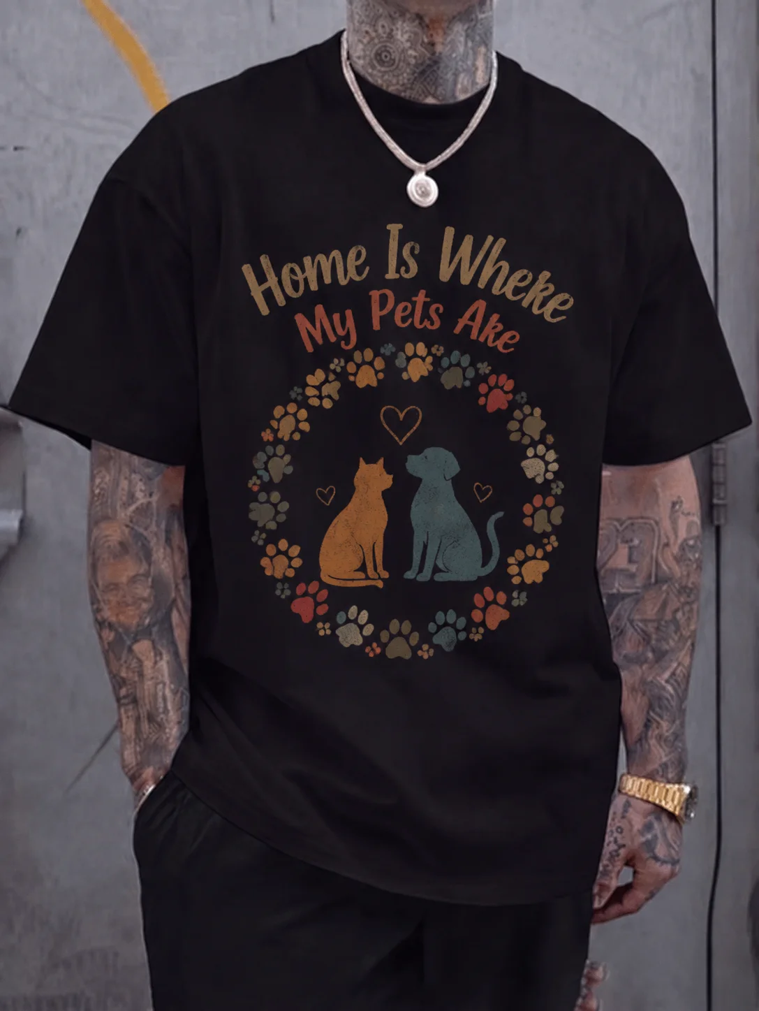 

Men Graphic Tee Short Sleeve Classic Fit Vintage Retro Pet Print with Cat and Dog Paw Wreath Streetwear Casual Outdoor Daily