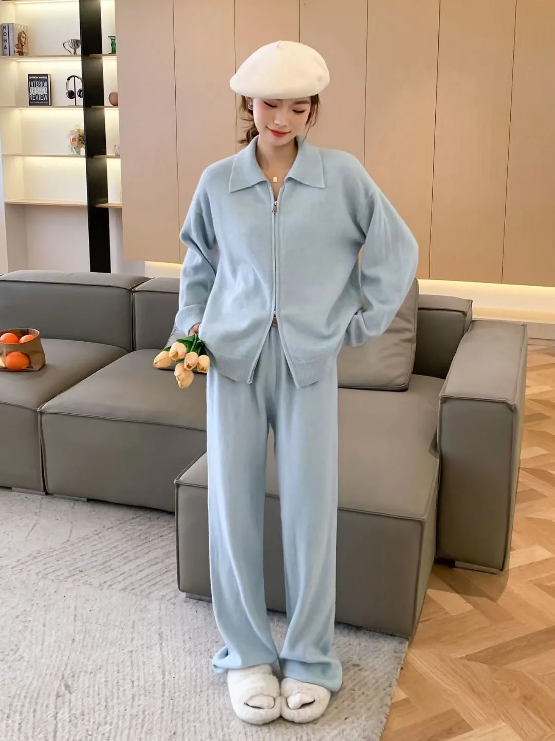 

2025 зимний новый вязаный костюм, женский винтажный повседневный свитер на молнии, кардиган, женские широкие брюки с высокой талией, комплект из двух предметов