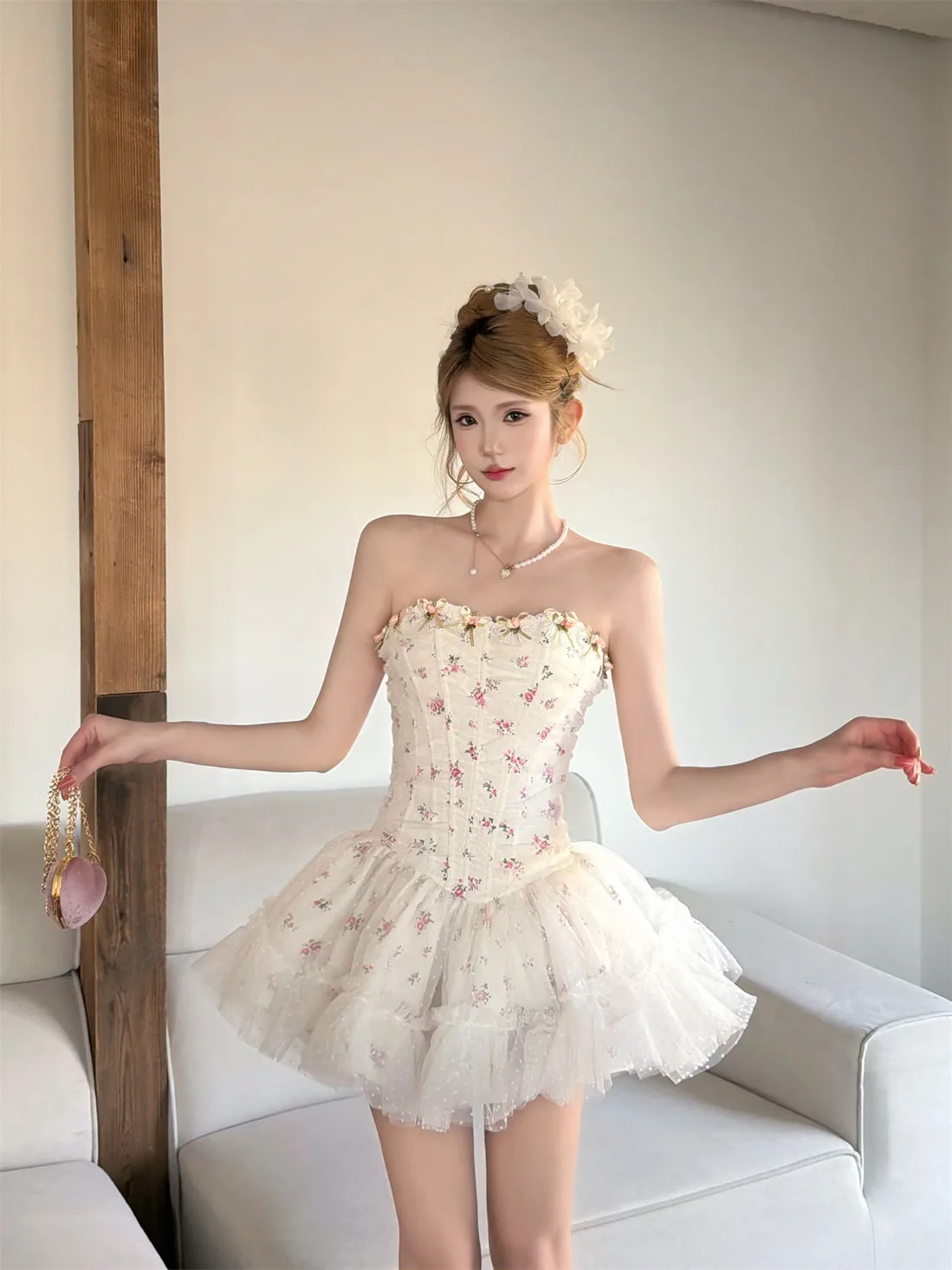 

Sweet Sexy Spicy Girl Lace Fishbone Floral Puffy Skirt Dress High Waist Short Dress No Sleeve Floral Print Party Dress