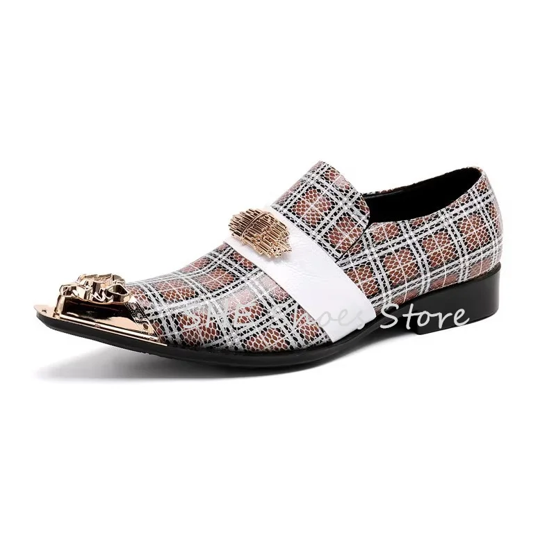 

Fashion Metal Pointed Toe Patchwork Leather Shoes for Men Crystal Decor Wedding Dress Shoes Male Mixed Color Business Loafers