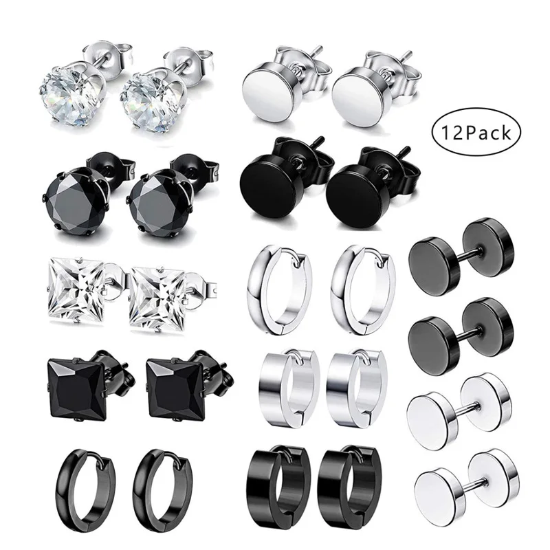 6/8/10/12/15 Pairs Stainless Steel Black Stud Earrings Men's Punk Earring Set Street Hip Hop Earrings Unisex Gift