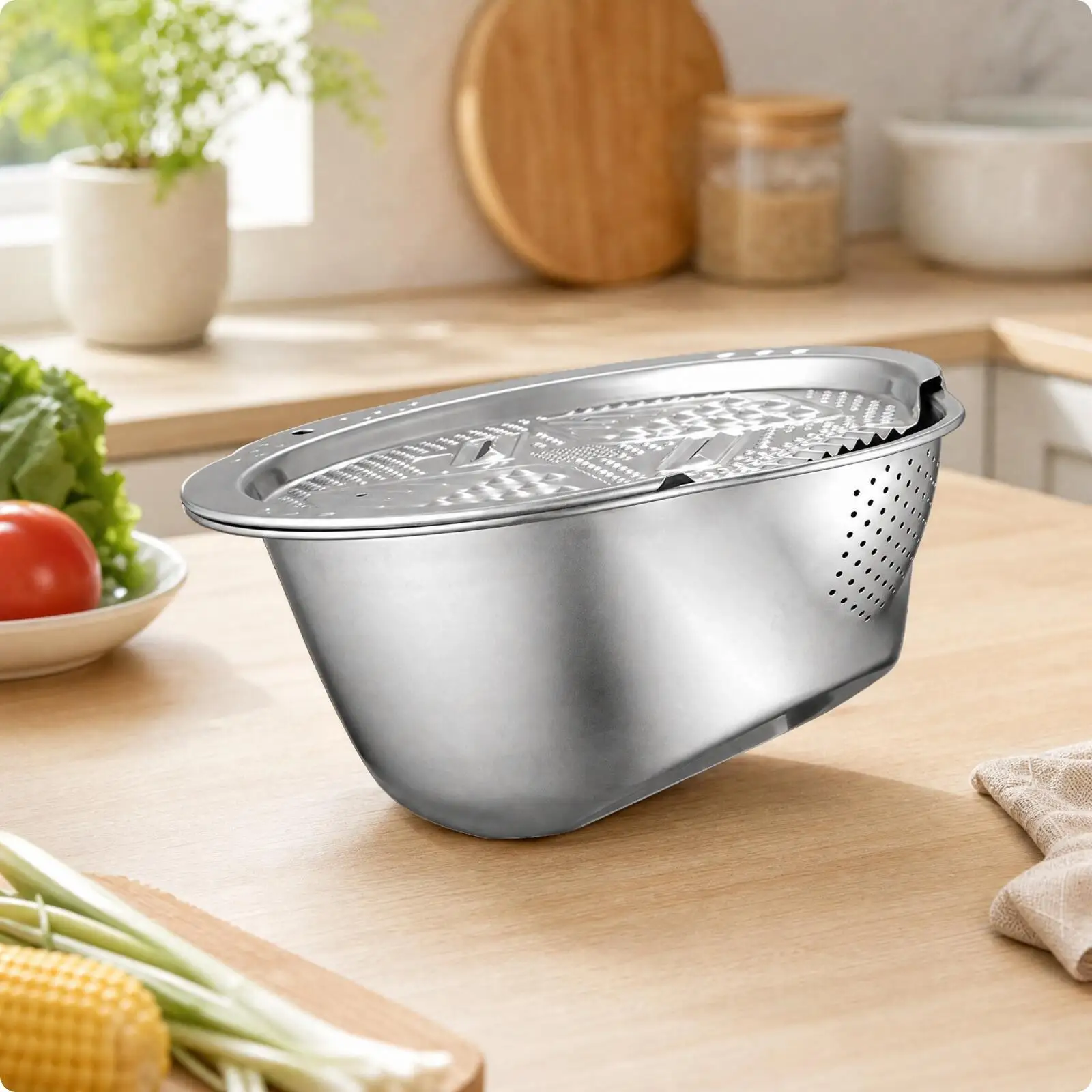 Stainless Steel Draining Bowl with Grating Cover Multi-Functional Stainless Steel Colander with Grater Versatile Kitchen