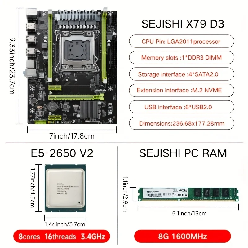SEJISHI X79 64GB اللوحة LGA 2011 Set Kit Intel Xeon E5-2650 V2 معالج وحدة المعالجة المركزية + DDR3 8GB 1600Mhz ذاكرة الوصول العشوائي