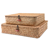 2 Pcs Seagrass Baskets with Lid Wicker Storage Basket Flat Rattan Storage Bins Woven Organizer Basket for Shelf, Closet, Bedroom