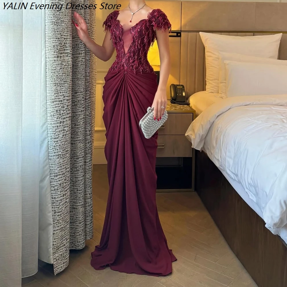 

Women's Mermaid Evening Dresses Floor-length V-neck Sleeveless Prom Dresses Fashion Beading Simple Draped Customized Gowns