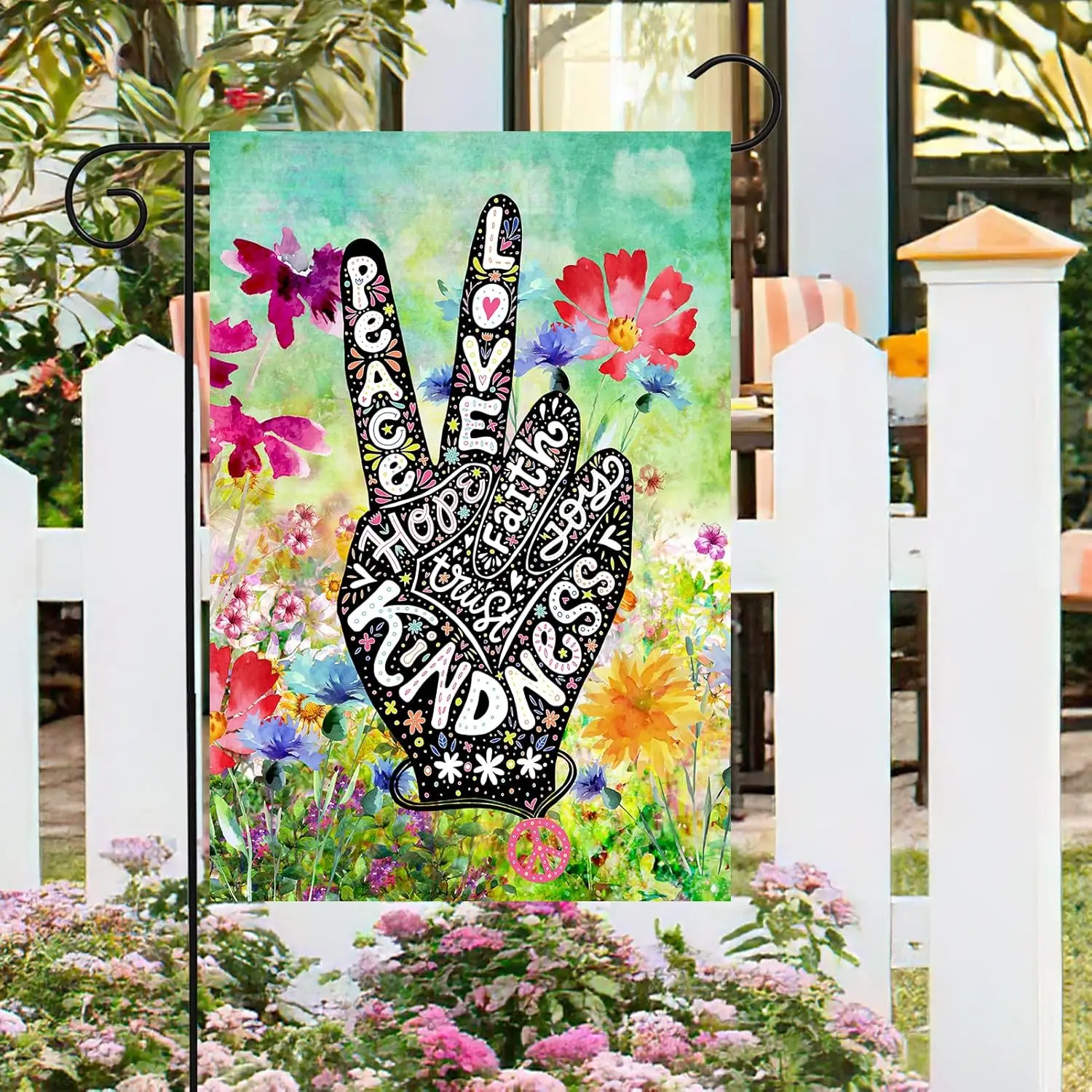 Peace Love Floral Flowers Spring Watercolor Art Garden Yard Flag 12 x 18 Inch, Double Sided Outdoor Decorative Welcome flags GGX