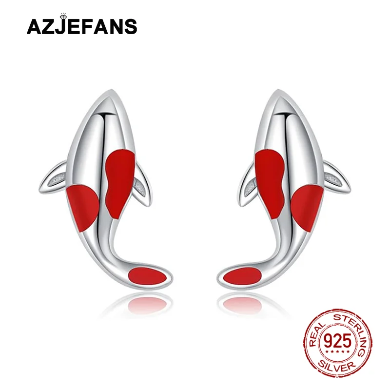 

AZJEFANS 925 Sterling Silver Koi Red Stud Earrings Fish Ear Studs Valentine's Day Jewelry Gift