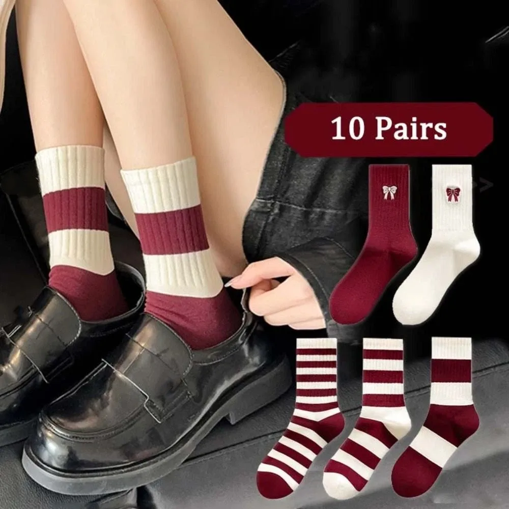

10Pairs Comfortable Patchwork Embroidery Bow Socks Non-slip Sweet Preppy Style Socks Breathable Cotton Stripe Tube Socks School