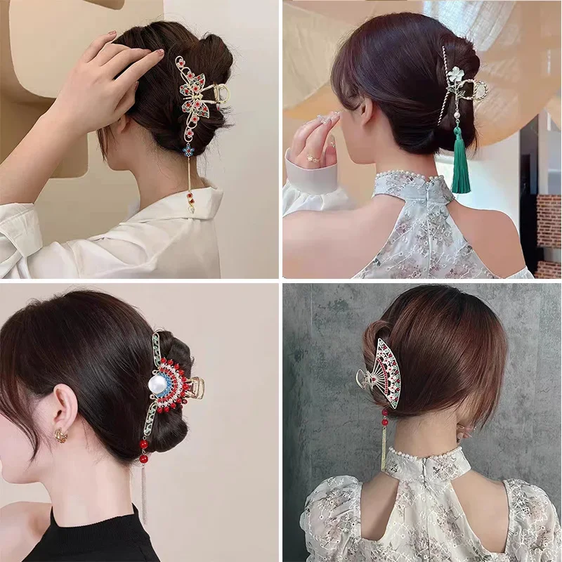 Retro Fan Shape Fringe Ponytail Clip Butterfly Flower Shark Clip Girls Elegant Pearl Hair Crab Hair Clip Luxury Hair Accessories