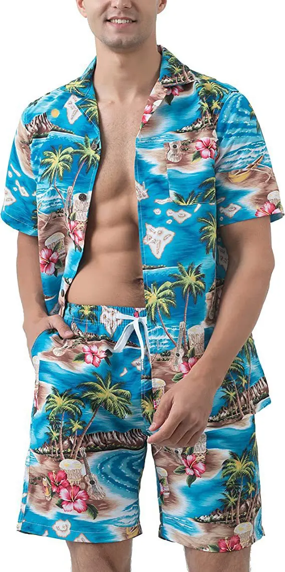 Hawaii print 2-piece men\'s shirt+shorts 3D printed short sleeved beach shirt casual fashion 2-piece men\'s trendy set