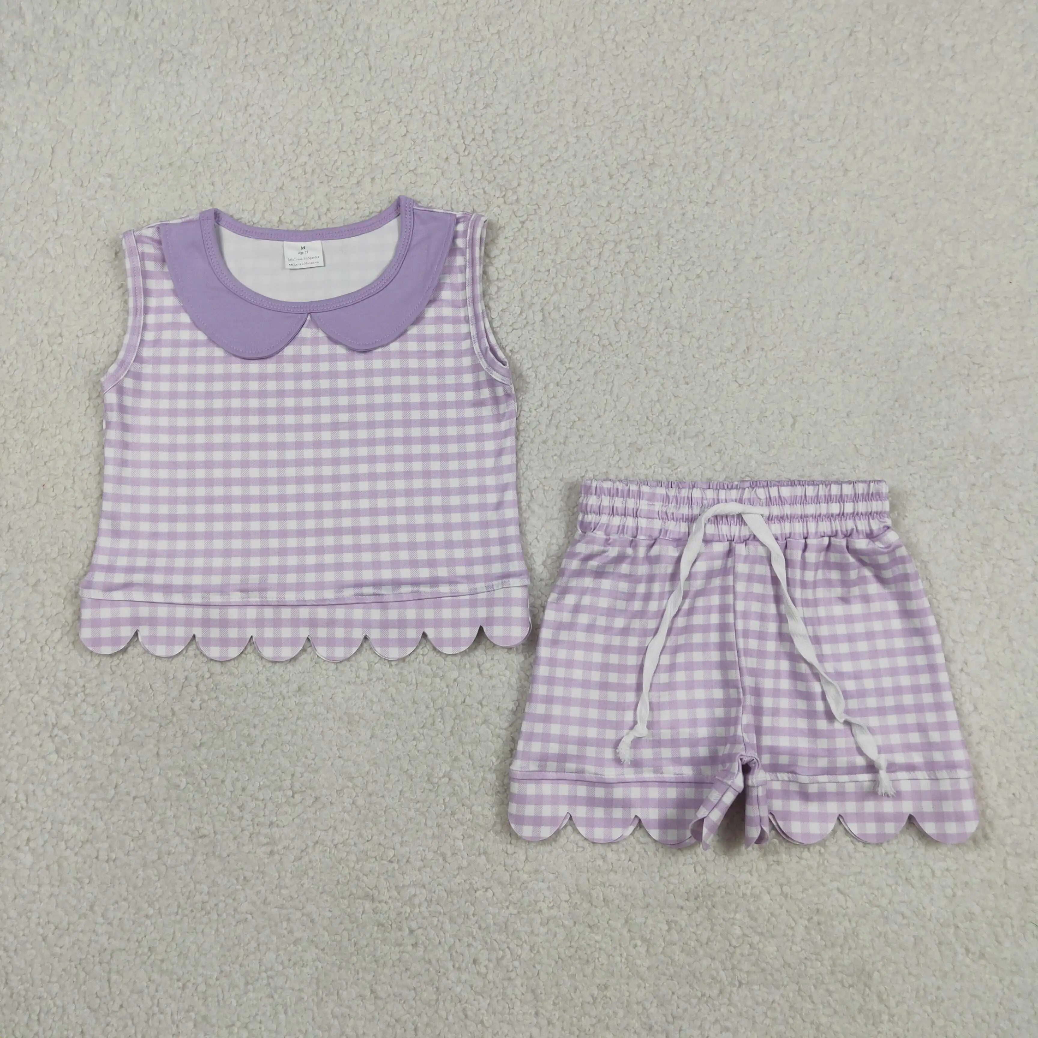 Wholesale Baby Girl Summer Set Short Sleeves Shirt Kids Girls Pockets Shorts Children Toddler Purple Plaid Outfit Clothes