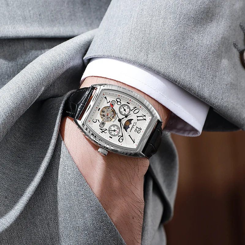 Tonneau Automatic Mechanical Watch for Men with Sun Moon Stars Dial Leather Strap Waterproof and Luminous
