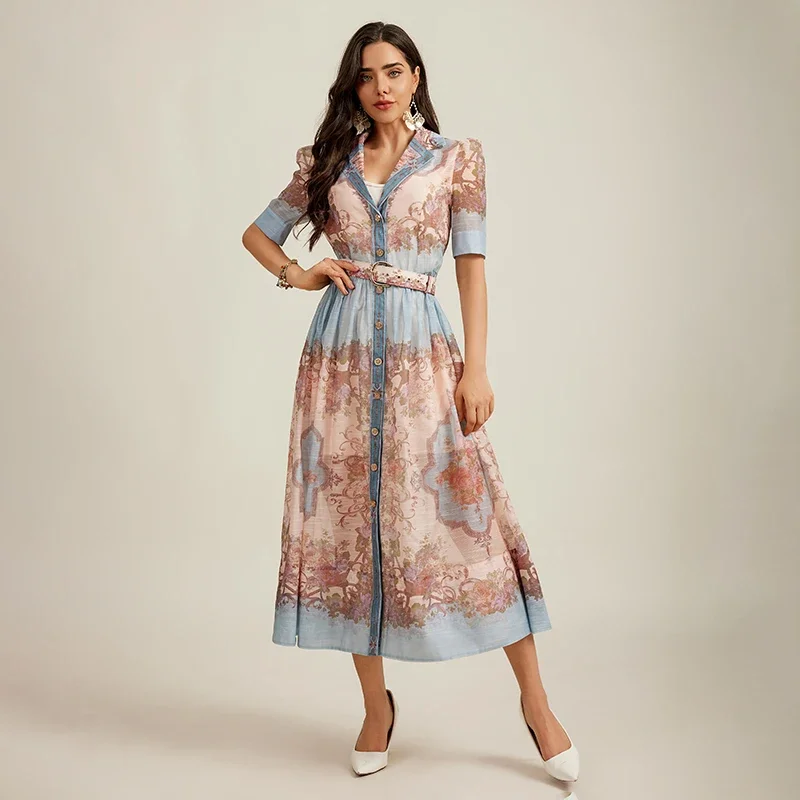 

Summer High-end Fashion Flower Print Casual Shirt Dress Women Long Skirt Robe De Soiree Bleu Roi