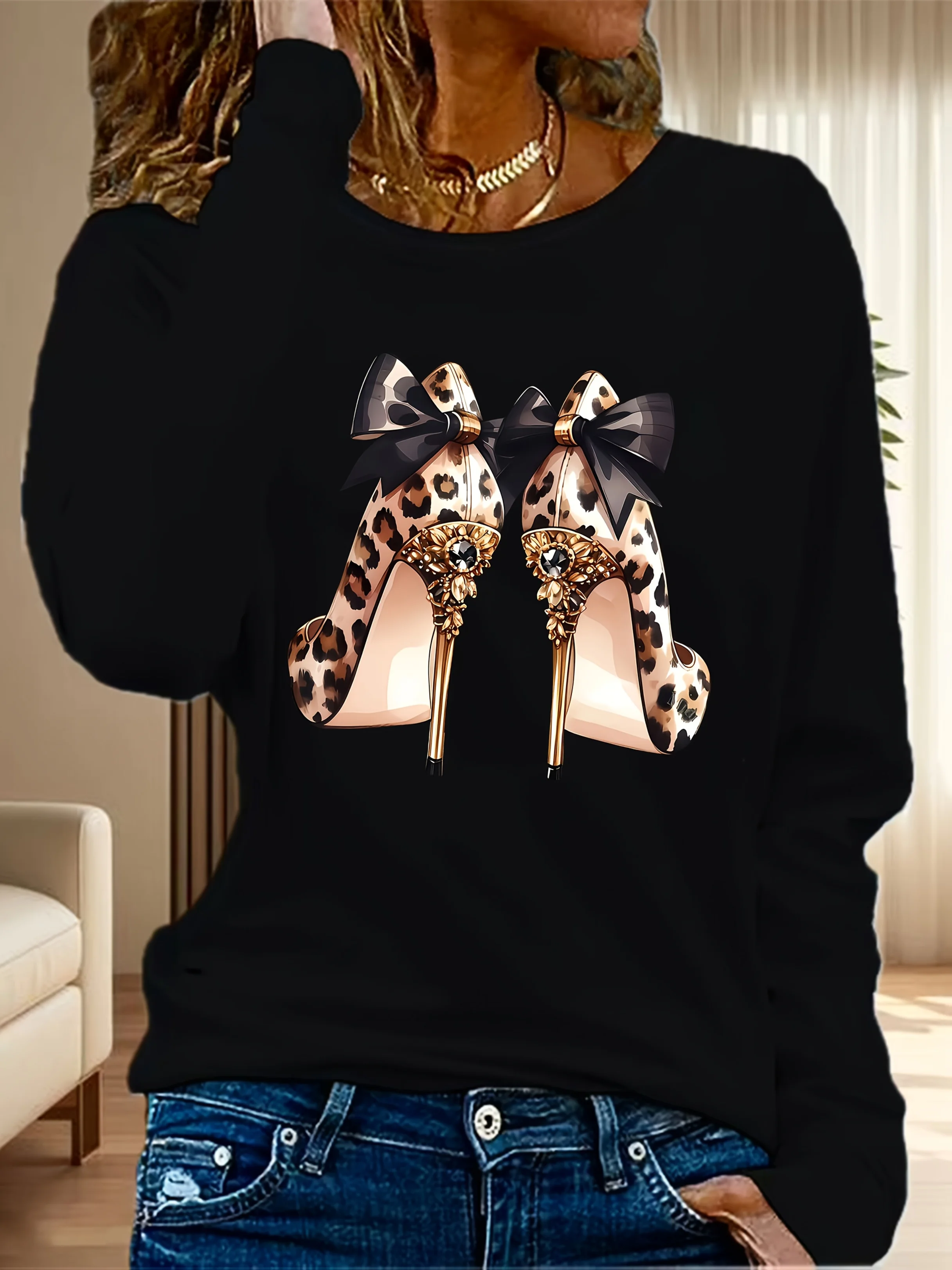 100% pure cotton women's spring and autumn casual long sleeved leopard print heart-shaped graphic printed round neck T-shirt
