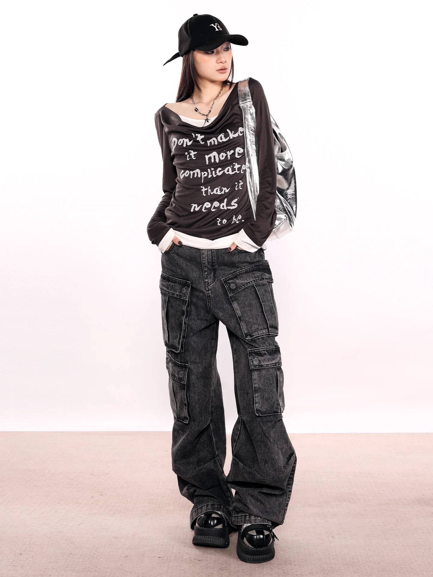 

American Sle Low Waist Heavy Du Distred Wide Leg Women's Jeans Cotton Workwear Pants with Multiple kets