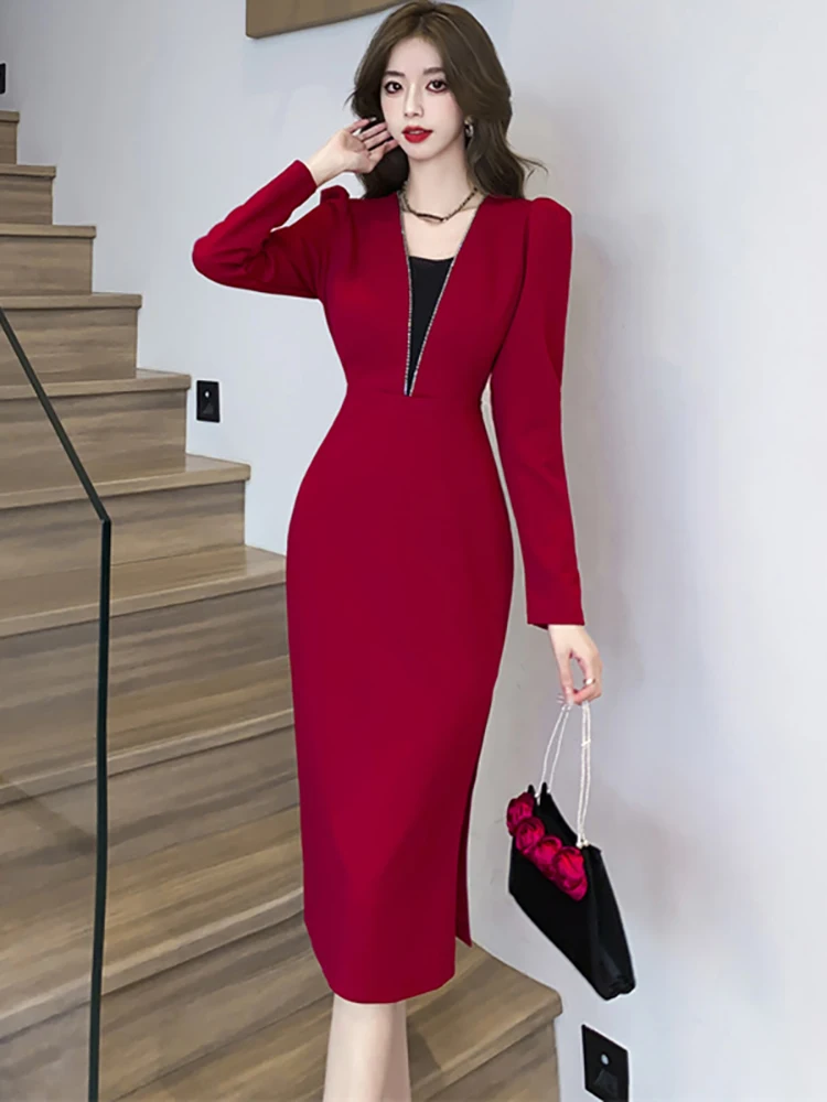 Abito lungo Casual da donna con scollo a v Patchowrk rosso 2024 elegante vestito da donna aderente da ufficio autunno inverno coreano Vintage abiti