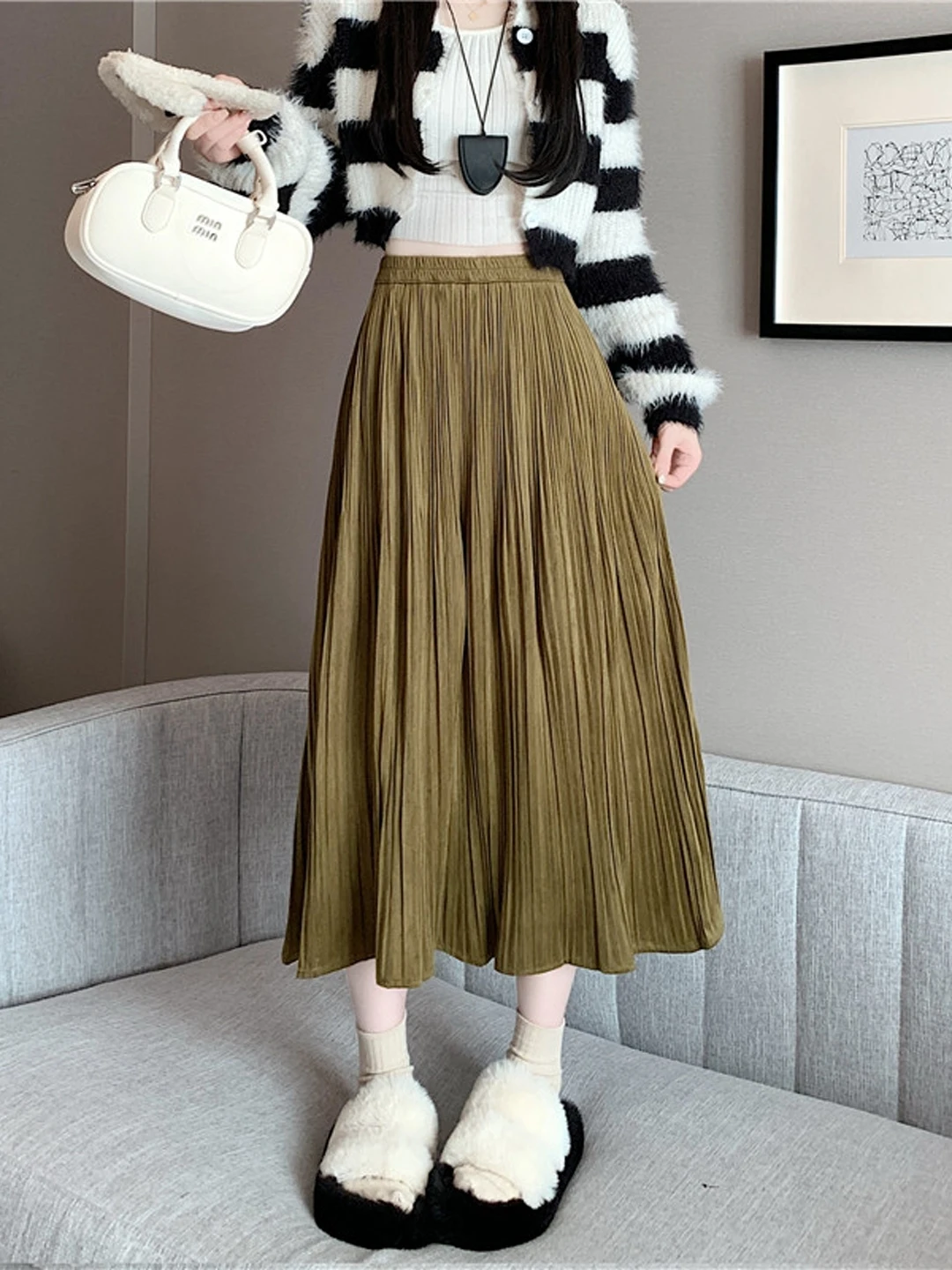 Khaki Velvet High Waist A-Line Skirt Women's Spring Autumn plus Size Slimming Hip Covering Long Pleated Skirt Maxi Skirt
