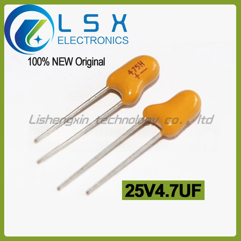 10-50pcs 25V4.7UF direct insertion tantalum capacitor spacing 2.54MM yellow 4.7UF/25V printed 475H