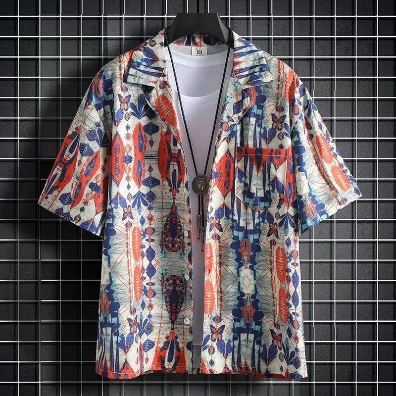 

Ice Silk Beach Set Men's Short Sleeve Floral Shirt Loose Summer Hawaii Quick Dry Casual Shorts Couple Set Lightweight Breathable