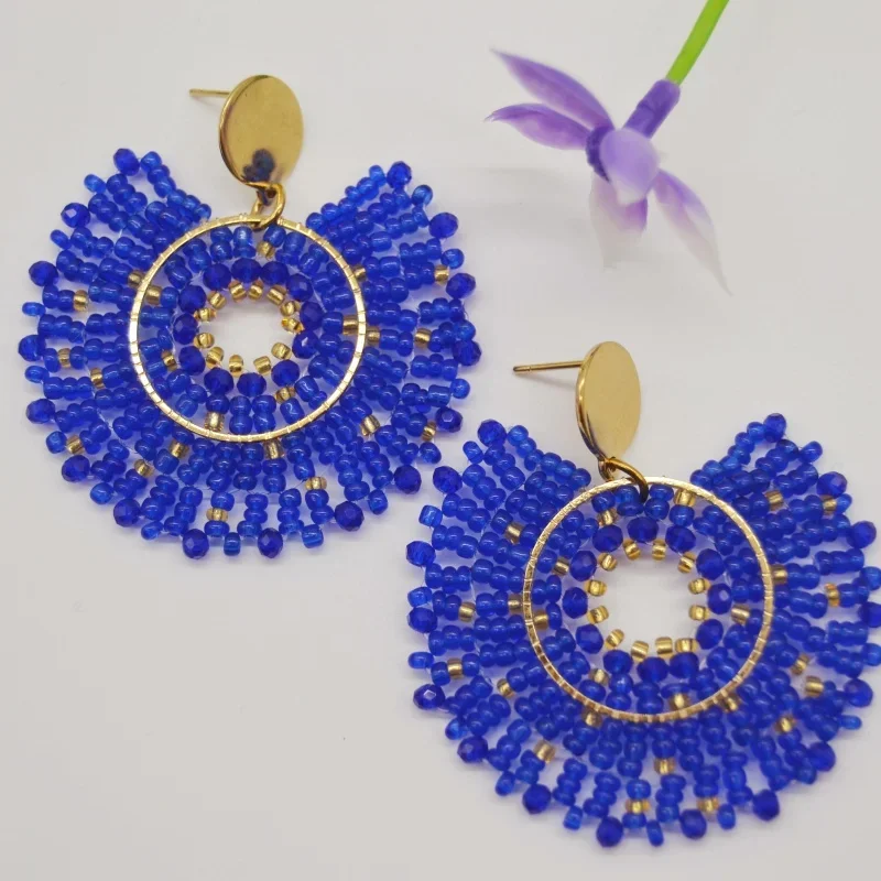 Roundness Hollow Out Royal Blue Fashion Simple Geometry Hand Knitting Bohemia Crystal 2025 Handmade Beaded Earrings