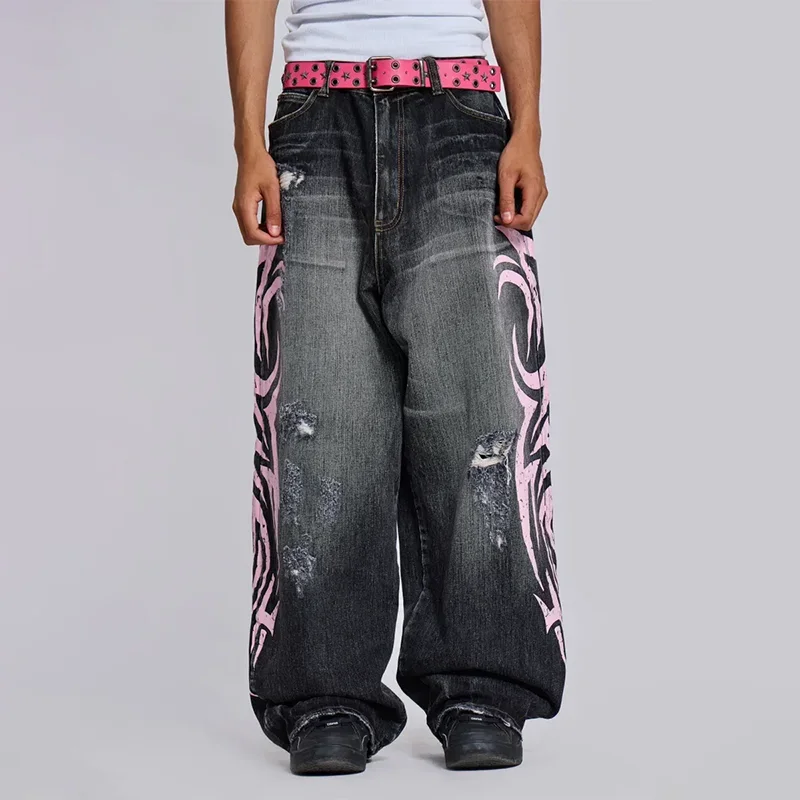 

Y2K New American Retro Print Pattern Washed Holes Baggy Jeans Men's Hip Hop Gothic Casual Joker Couple Wide Trousers Street Wear