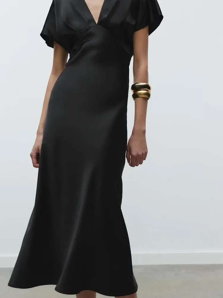 春の新作 レディース ワンピース エレガント シルクサテン 半袖 Vネック ミディアム丈 Aライン ガウン ハイウエスト ロングスカート ワンピース