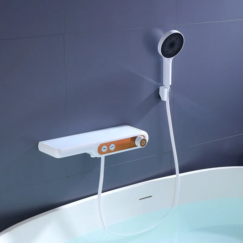 Wall Mounted Bath and Shower Faucet Set Thermostatic Brass Big Plate Show Shower Faucet Set White and Orange Color