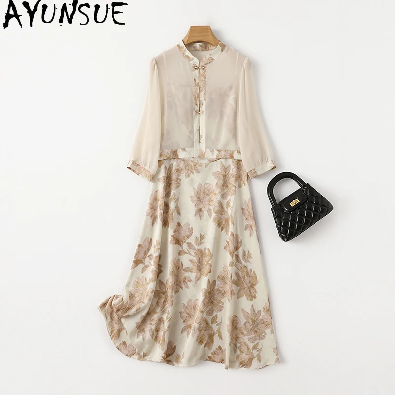 

AYUNSUE 92% Real Mulberry Silk Dresses 2024 Women Two Piece Set Summer Dress Printed Women Clothes Camisole Mid Long Dresses