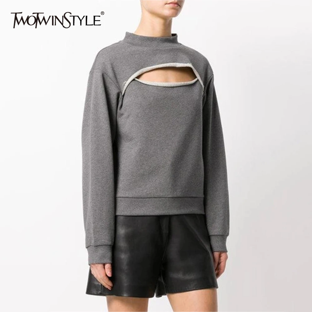 

TWOTWINSTYLE Minimalist Hollow Out Sweatshirt For Women Round Neck Long Sleeve Casual Pullover Sweatshirts Female Fashion Style