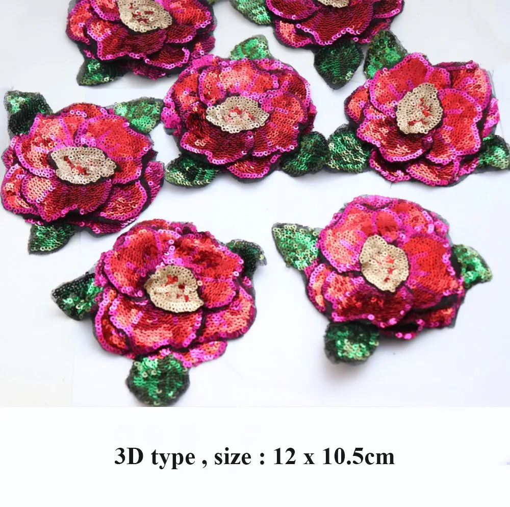 10 Pieces 3D Type Shining Sequins Red Rose Flower Patches Multi-layers DIY Clothes Applique