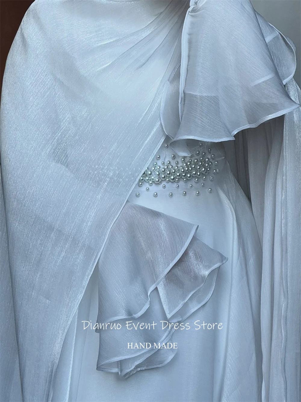 디안루오 정교한 진주 벨 슬리브 웨딩 드레스 로맨틱 하이넥 베스티도스 데 노비아 무슬림 아랍 신부 드레스 맞춤 제작