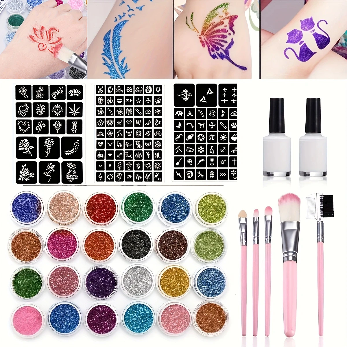 24-Color Glitter Temporary Body Makeup Set with 2 Bottles of Glue And 3 Templates for Stage And Halloween Glitter Makeup