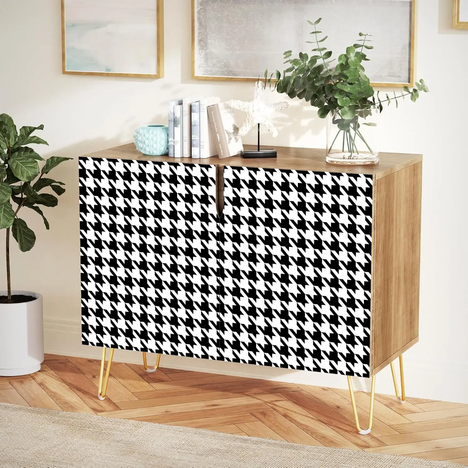 Sideboard Buffet Cabinet Kitchen Storage Cabinet with 2 Doors Houndstooth Black and White Patterned Cupboard Console Table