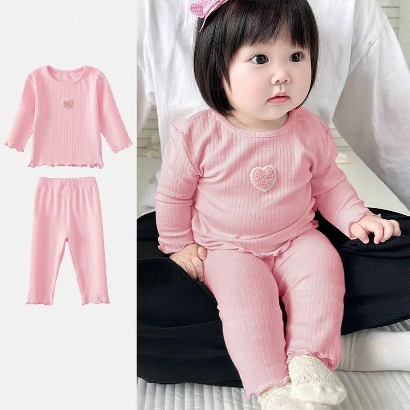 

Baby Pajamas Set Autumn Embroidered Love Long Children's Casual Loungewear Two-piece Set