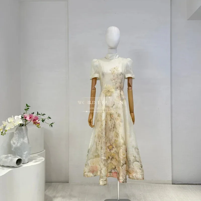 Otoño nuevo estilo Casual mujeres que usan 2025 Beige Rosa árbol estampado manga corta rebordear vestido Midi