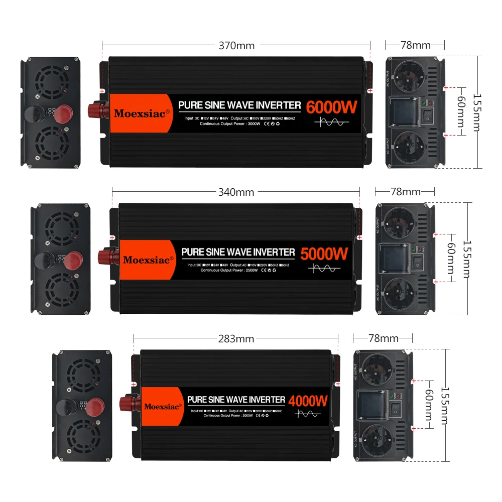 Moexsiac Pure Sine Wave Solar Inverter 4000W 5000W 6000W Double EU Socket DC 12V 24V 48V To AC 220V 50Hz 60Hz Voltage Converters