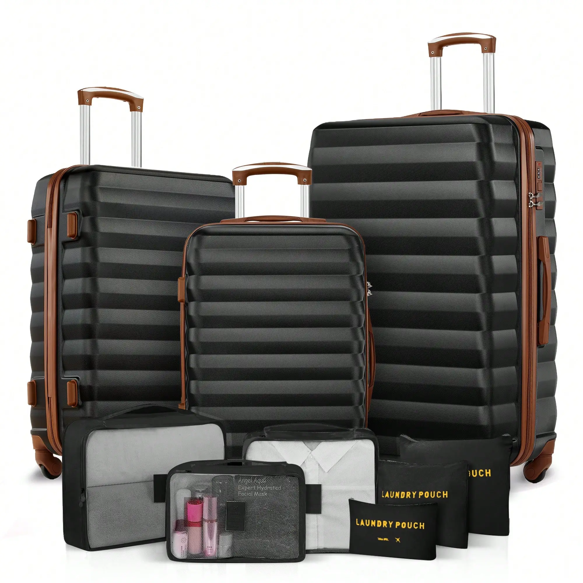 3 Piece Luggage Set With 6 Packing Bags, ABS Durable Suitcase With Spinner Wheels, Travel Luggage Set For Women (20/24/28 Inch) ,Perfect For Vacation.