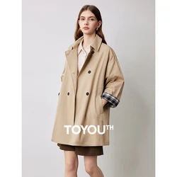 TOYOUTH Women Trench Coat 2024 Autumn Long Sleeve Plaid Cuffs Turndown Collar Windbreaker Solid Mid Length Classic Outwear