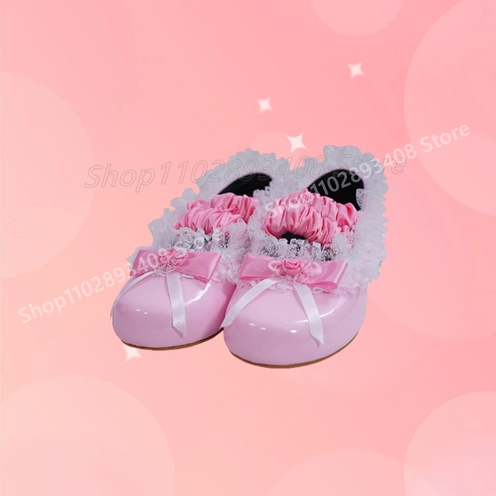 

Pink Lace Butterfly Knot Decor Shallow Pumps Cosplay Flat with Round Toe Shiny Leather Fashion Women Shoes 2025 New Para Mujere