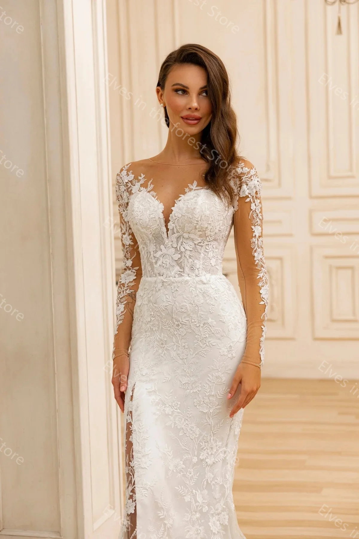 Luxury Mermaid Wedding Dresses Charming Lace Appliques Bridal Gowns Long Sleeves Glitter Sequins Customized Vestidos De Mariee