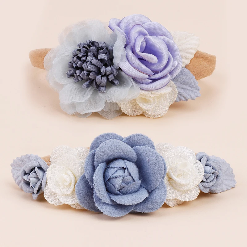 Popular Beautiful Spring Rose Blossoms Pink Purple Green Blue Handmade Nylon Headband for Girls Daily Matching with Party 2pcs