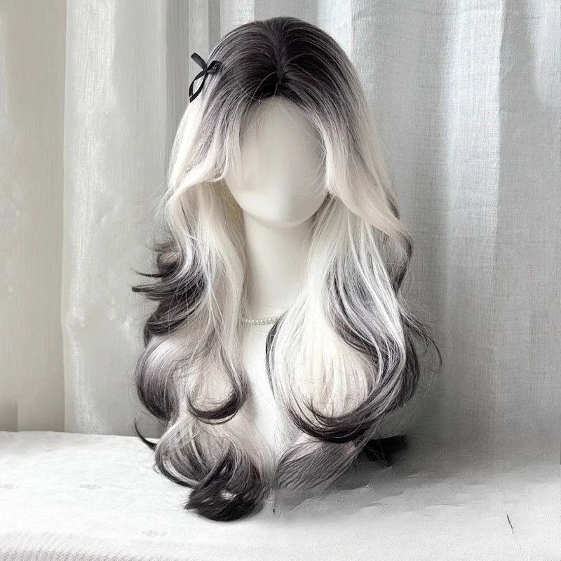

Meteorite Mai Cyclone Wig Female Long Hair Eight Characters Bangs Black and White Highlights Siamese Cat Curly Hair Universal co