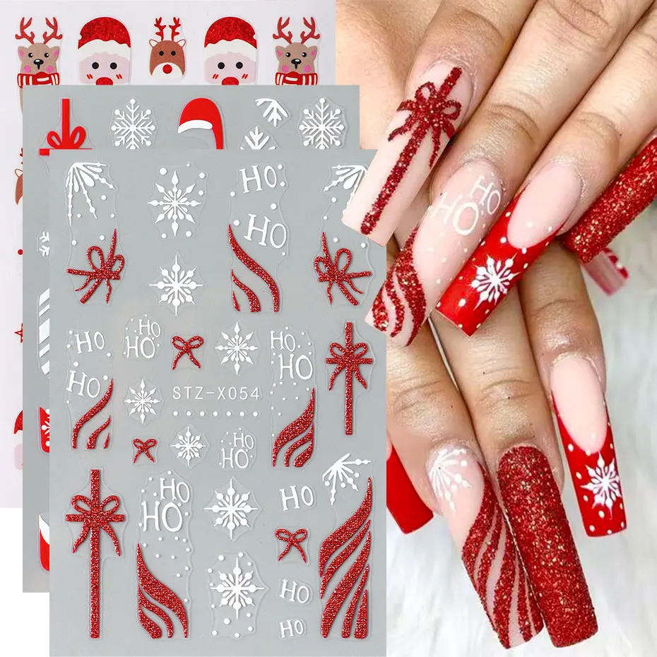 2/3pcs Kerst Rode Glitter Nail Charms Folies 3D Boog Franse Letters Nail Stickers Cartoon Elanden Kerstman Sneeuwvlok ster Decals Decor