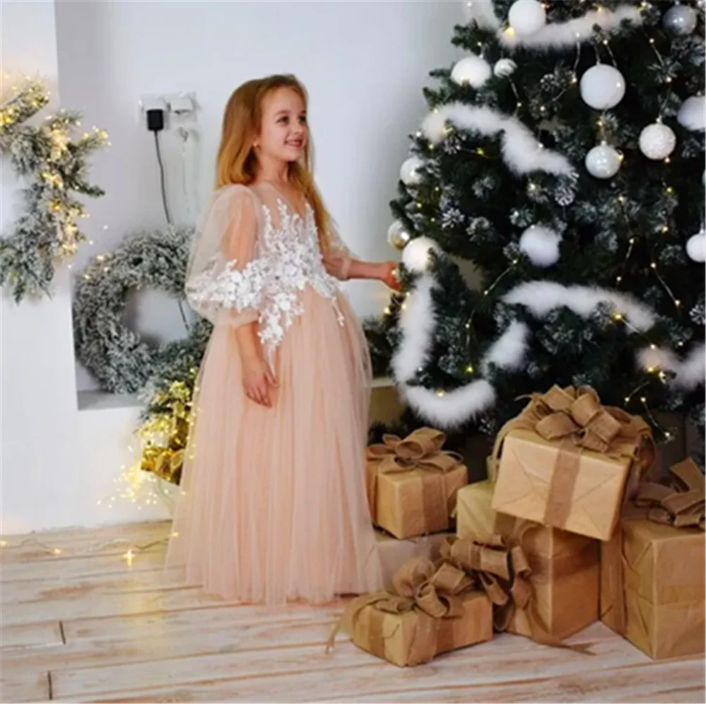 

Pink Long-sleeved Tulle Lace Printing Flower Girl Dress Princess Ball First Communion Dresses Kids Surprise Birthday Present