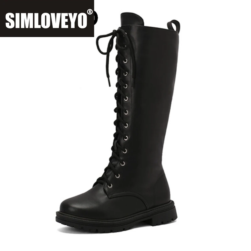 

SIMLOVEYO Женские сапоги до колена с круглым носком и каблуком 3,5 см на шнуровке, большой размер 46 47 48 US17 Party Bota из искусственной кожи Mortorcycle Ridding