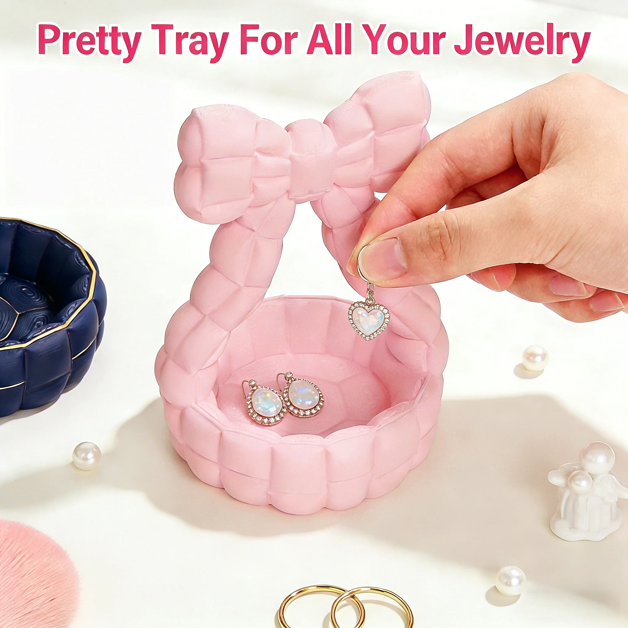 Quilted Bow Jewelry Tray, Cute Decorative Storage Dish, Aesthetic Organizer for Rings, Earrings and Vanity Essentials