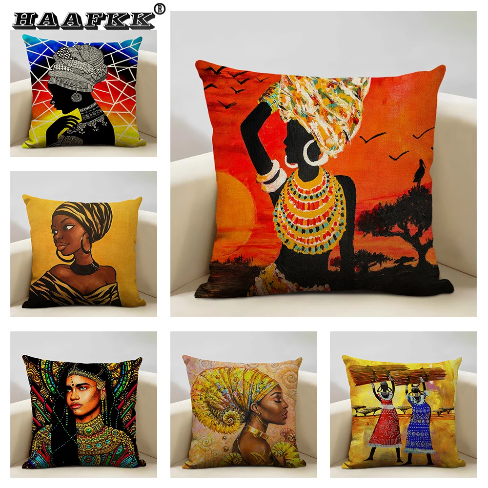 

Oil Painting Series Africa Pattern Cushion Cover Ethnic Minority Woman Home Office Decoration Pillowcase 45x45cm